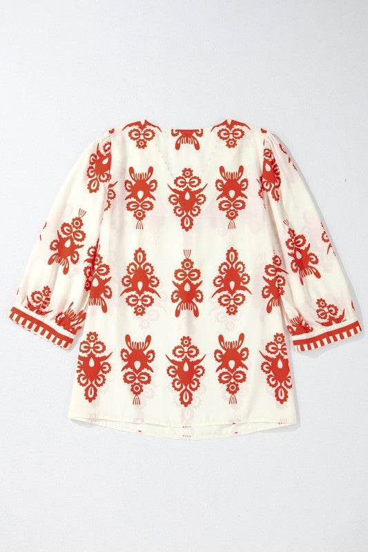 Vintage Geometric Printed V Neck Blouse