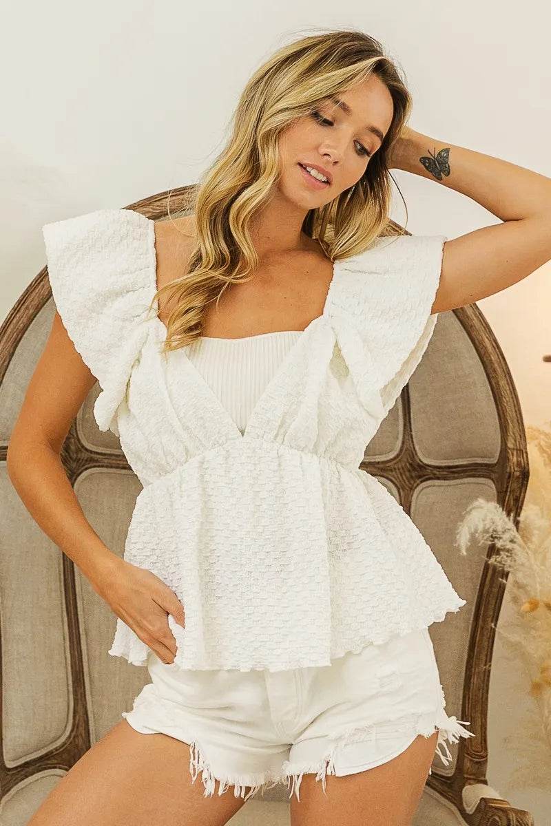 BiBi Crinkle Bubble Textured Ruffled Top