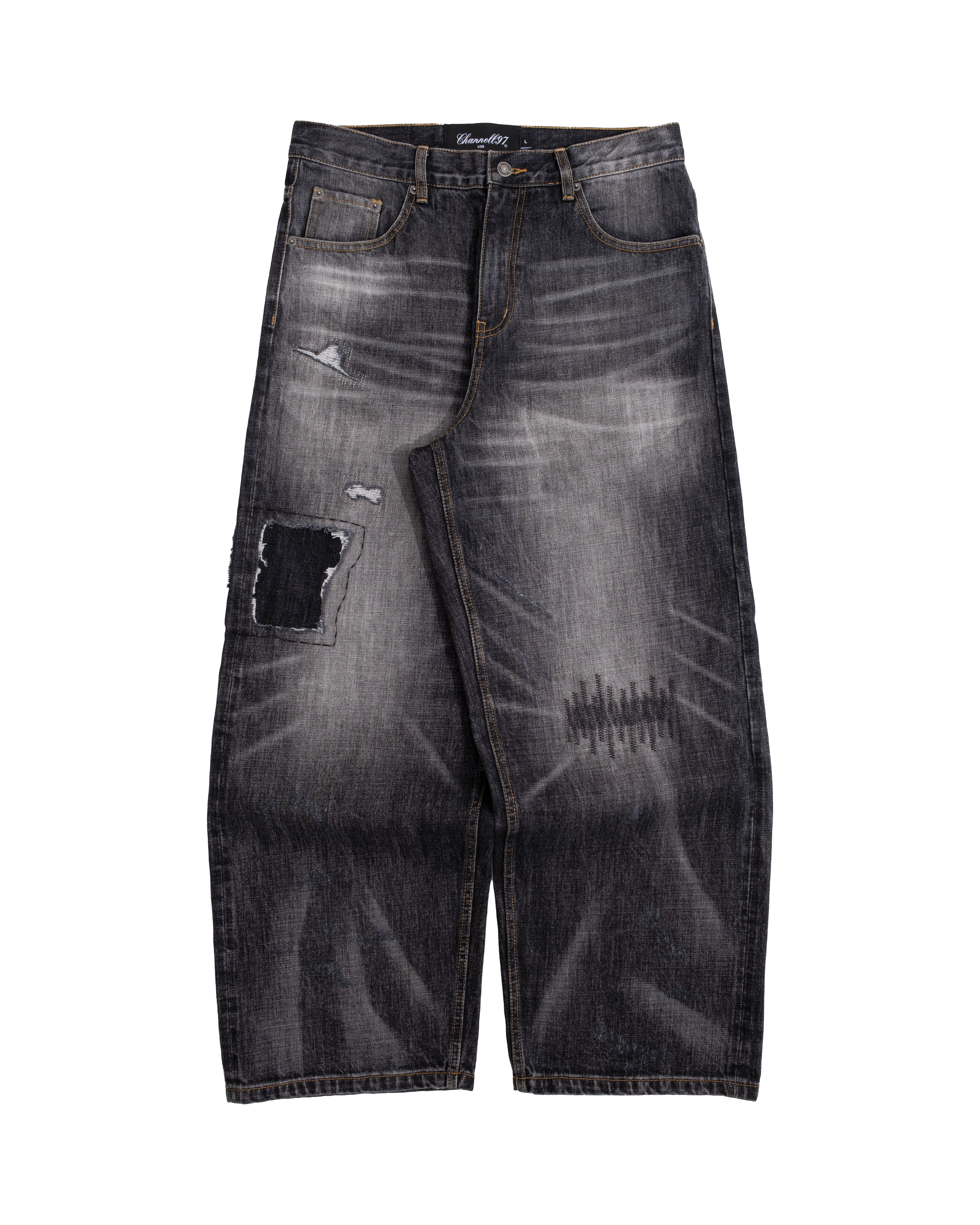 Black Repaired Selvedge Denim