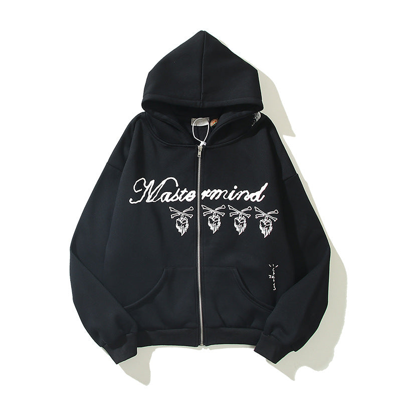 Design Letter Print Skull Burgundy Pullover Zip Jacket Sweatshirt