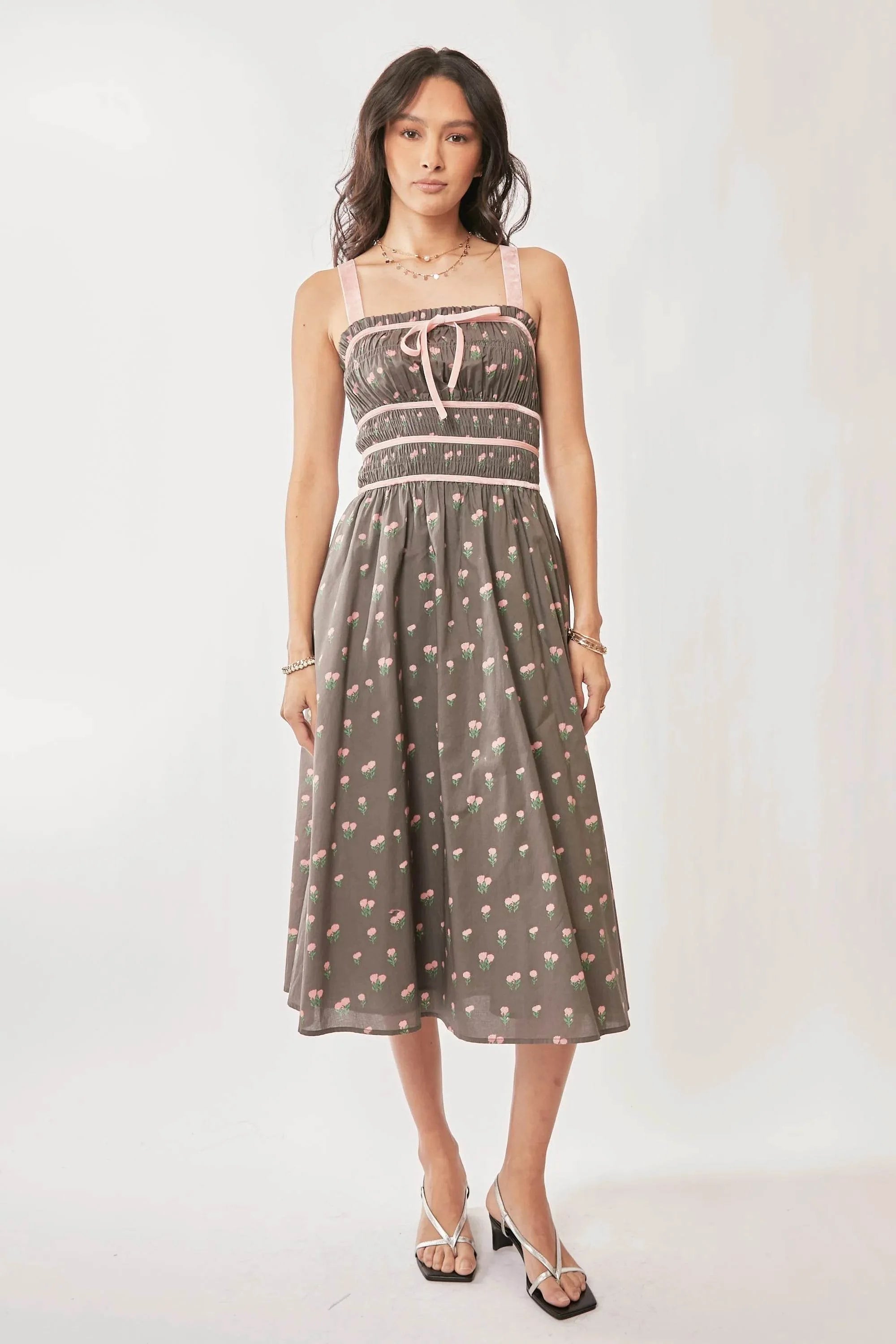 Davi & Dani Contrast Velvet Tape Smocking Bodice Midi Dress