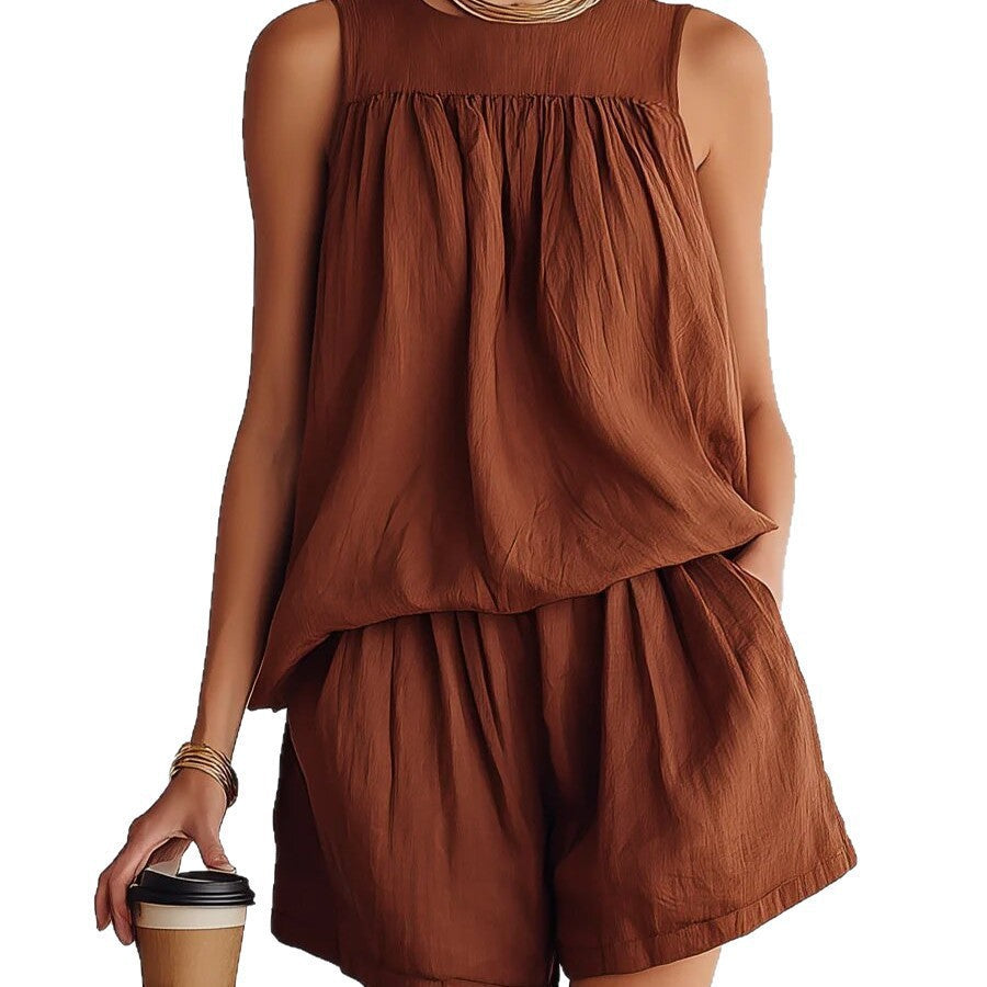 Women's Cotton-Linen Sleeveless Top & Wide-Leg Shorts Set – Retro Street Style