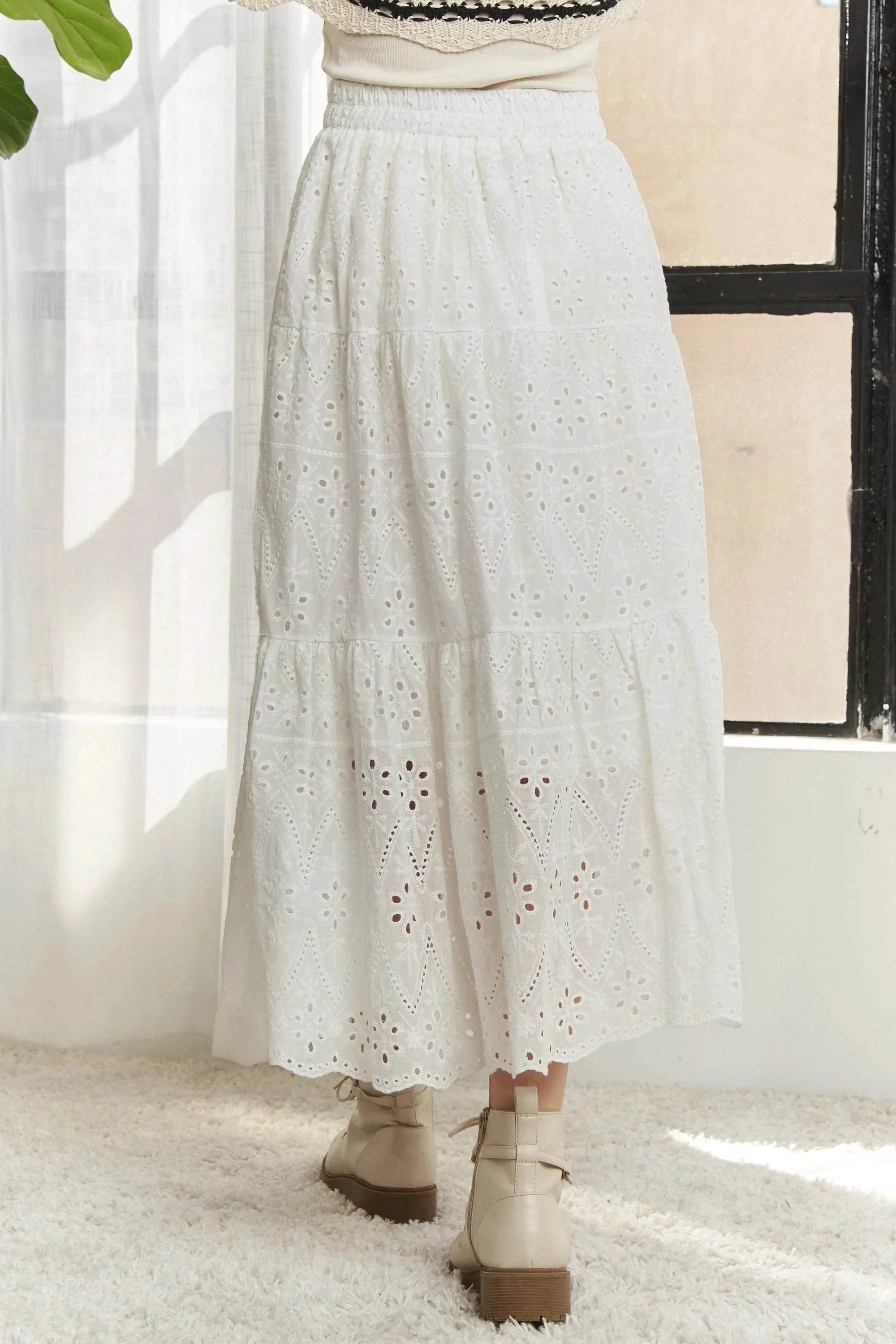 ADORA Elastic Waistband Tiered Midi Skirt