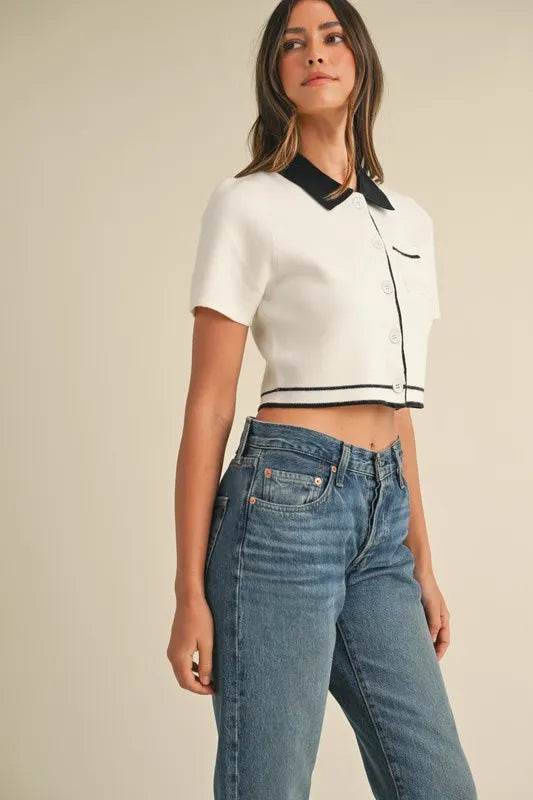 MABLE Button Down Contrast Collared Knit Cardigan