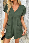 Solid Deep V Neck Drop Shoulder Loose Pockets Romp
