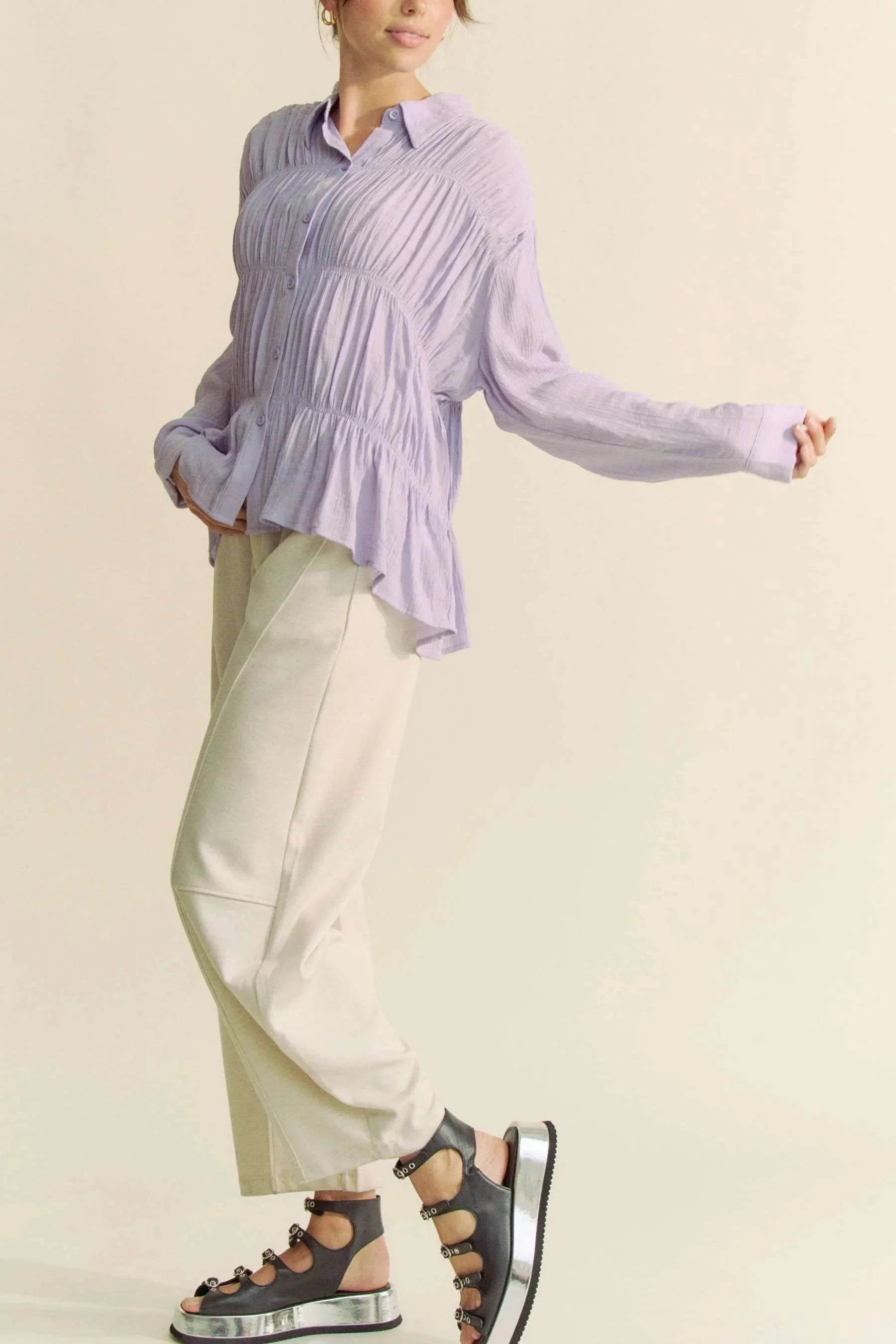 Davi & Dani Ruched All Over Button Front Shirt