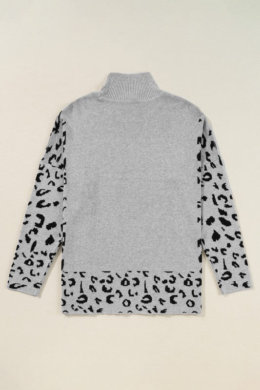 Leopard Mock Neck Side Slit Sweater