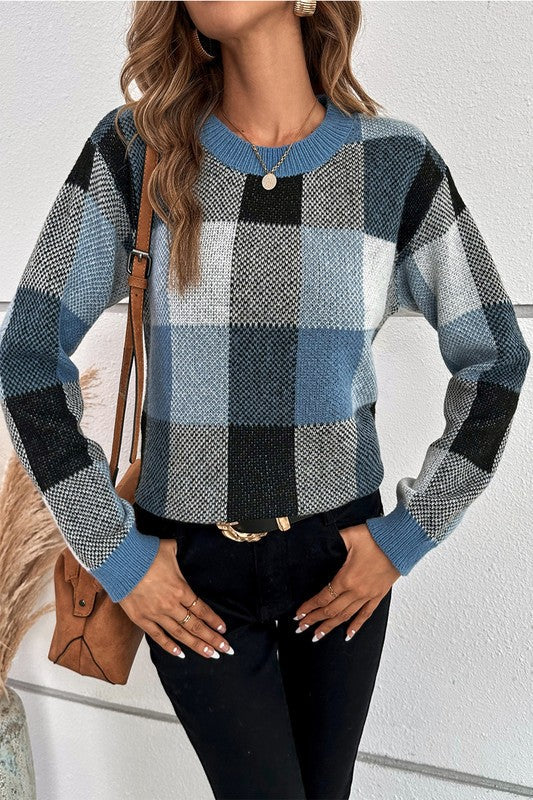 Plaid Print Round Neck Knit Loose Fit Sweater