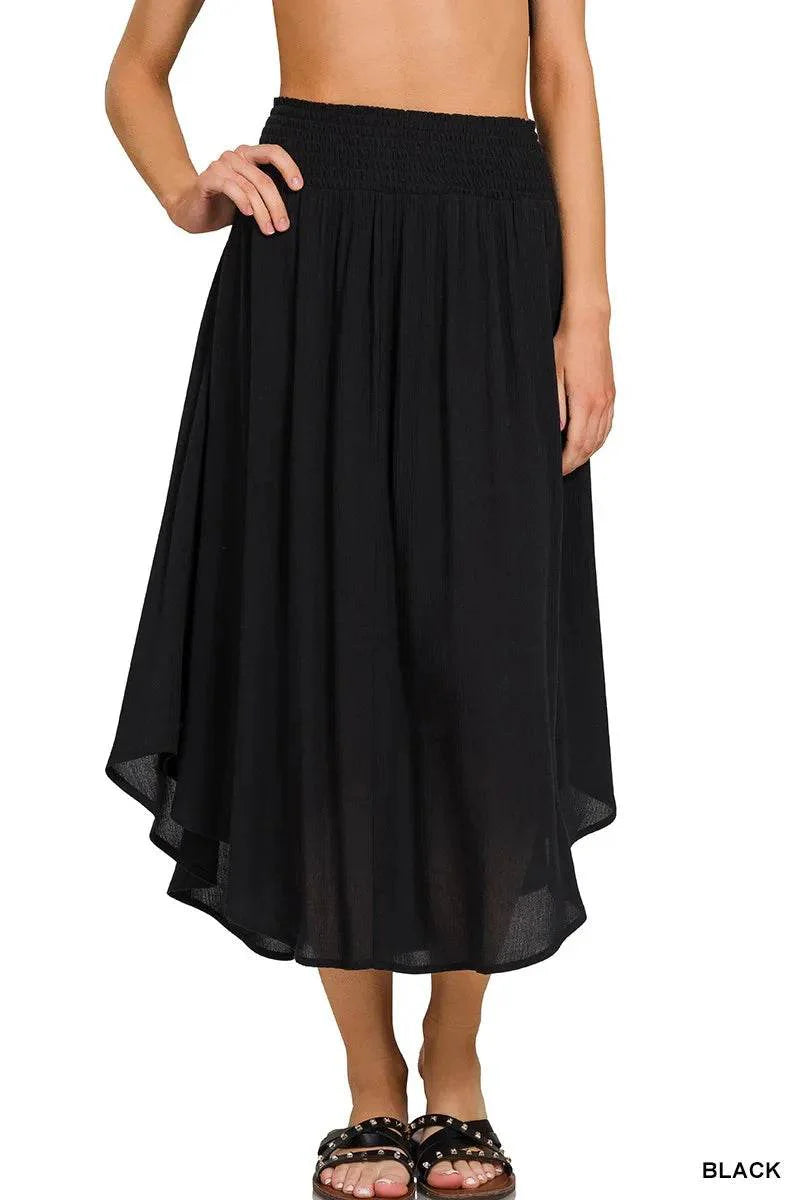 Zenana Woven Crinkle Smocked Waist Maxi Skirt W Pockets