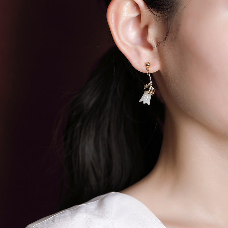 S925 Sterling Silver Gold-plated Jade Blue Bell Flower Stud Earrings