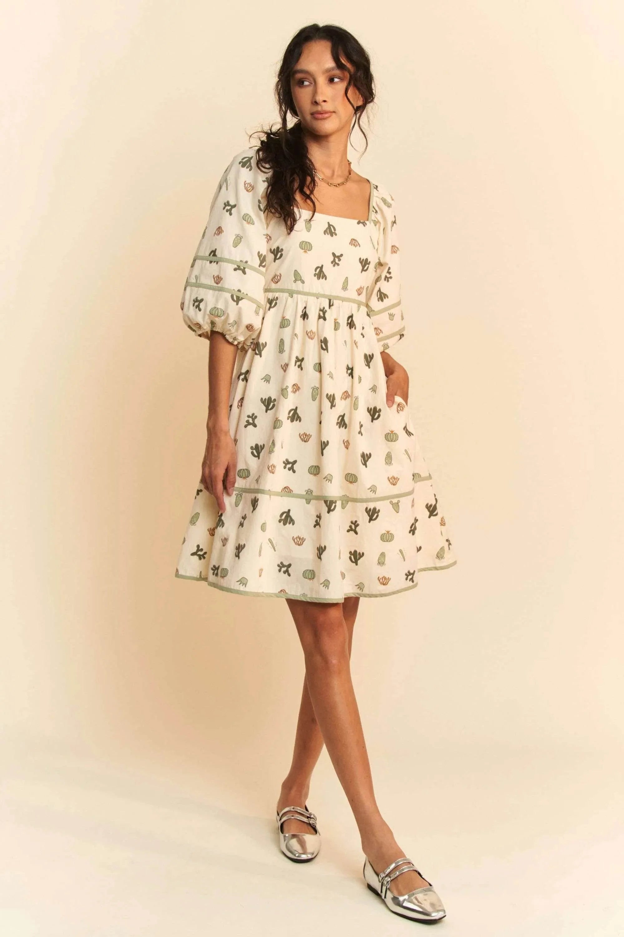 Davi & Dani Cactus Printed Poplin Contrast Piping Mini Dress