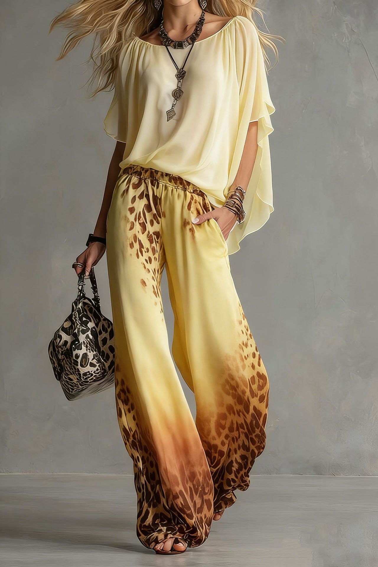 Chiffon Puff-Sleeve Top & Wide-Leg Pants Set – 15 Colors