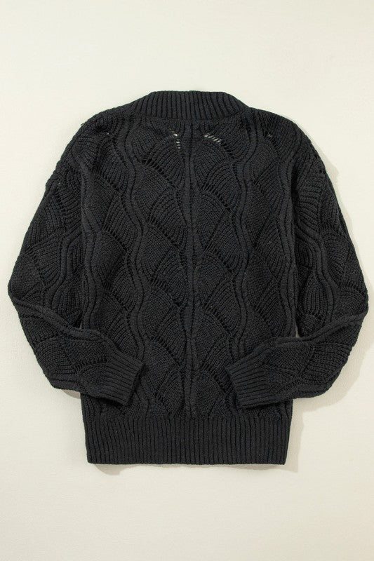 Hollow-Out Knit V-Neck Drop Shoulder Sweater