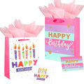 Dimetey 2 Pack 12.6" Large Gift Bag with Tissue Paper and Happy Birthday Card for Birthdays (Pink)