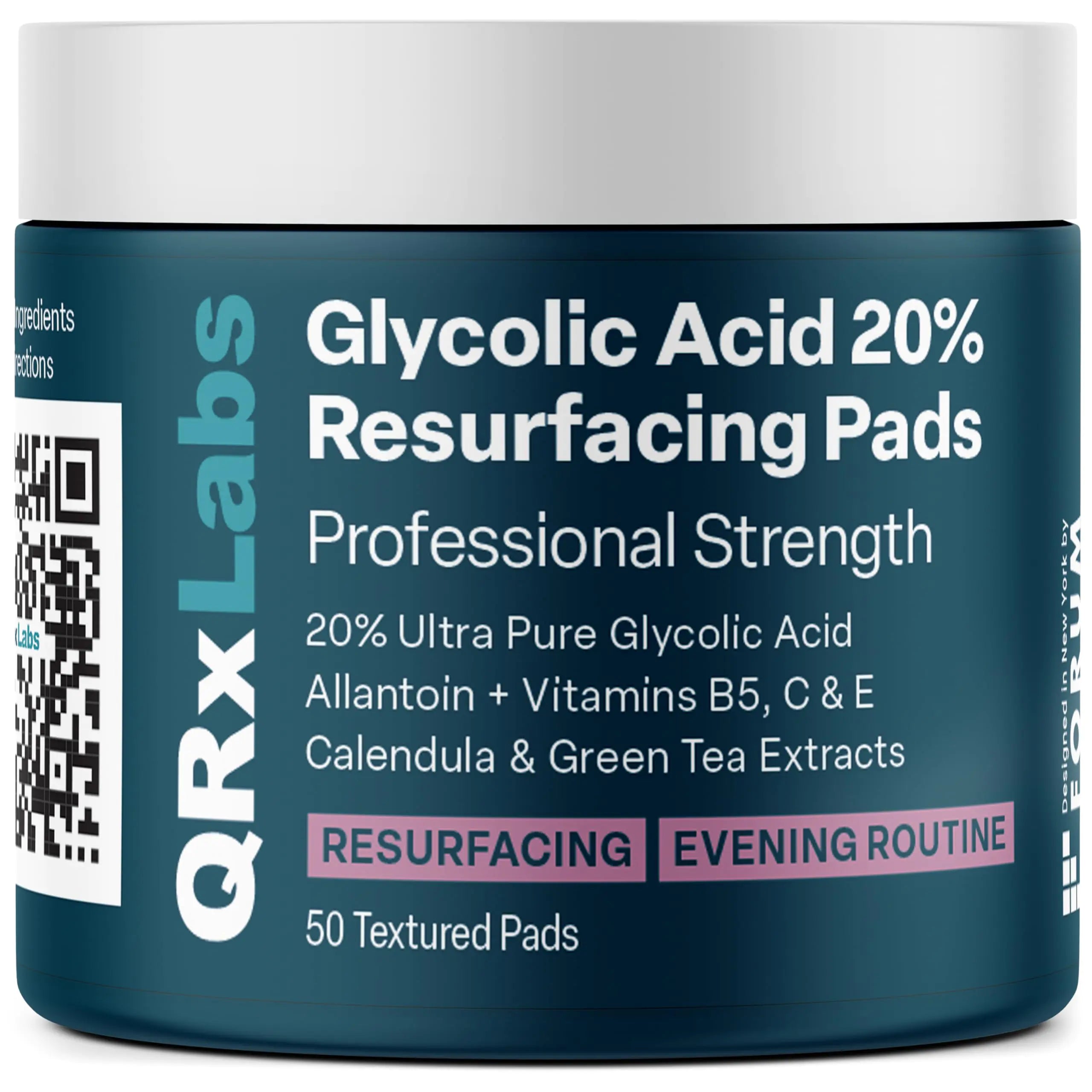 QRxLabs Glycolic Acid 20% Resurfacing Pads for Face & Body with Vitamins B5 C & E Green Tea Calendula Allantoin - Exfoliates Surface Skin and Reduces Fine Lines and Wrinkles - Peel Pads