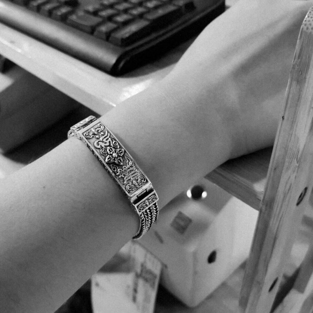 S925 Sterling Silver Men's Vintage Bracelet Six Words Mantra