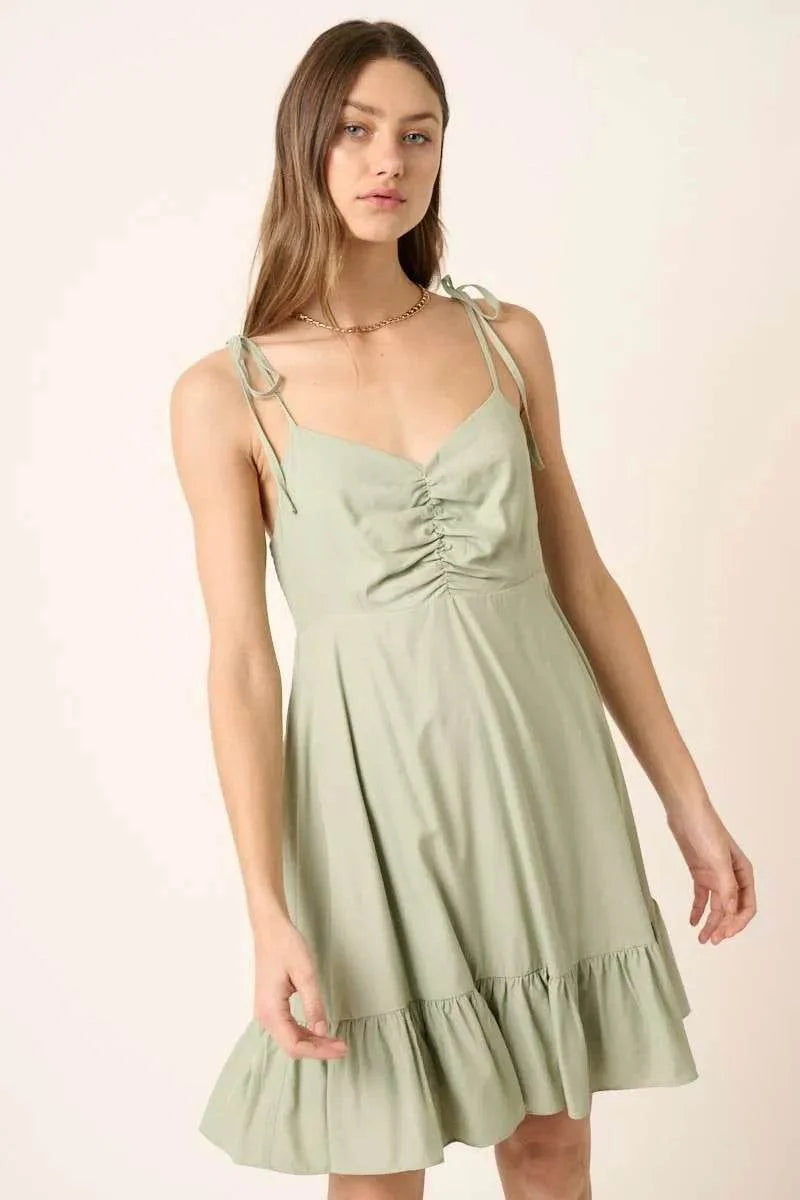 Mittoshop Ruched Detail Spaghetti Tie Mini Dress