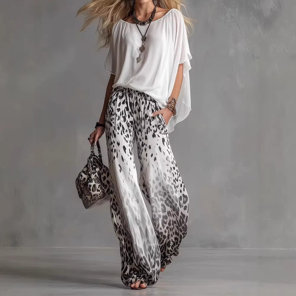 Chiffon Puff-Sleeve Top & Wide-Leg Pants Set – 15 Colors