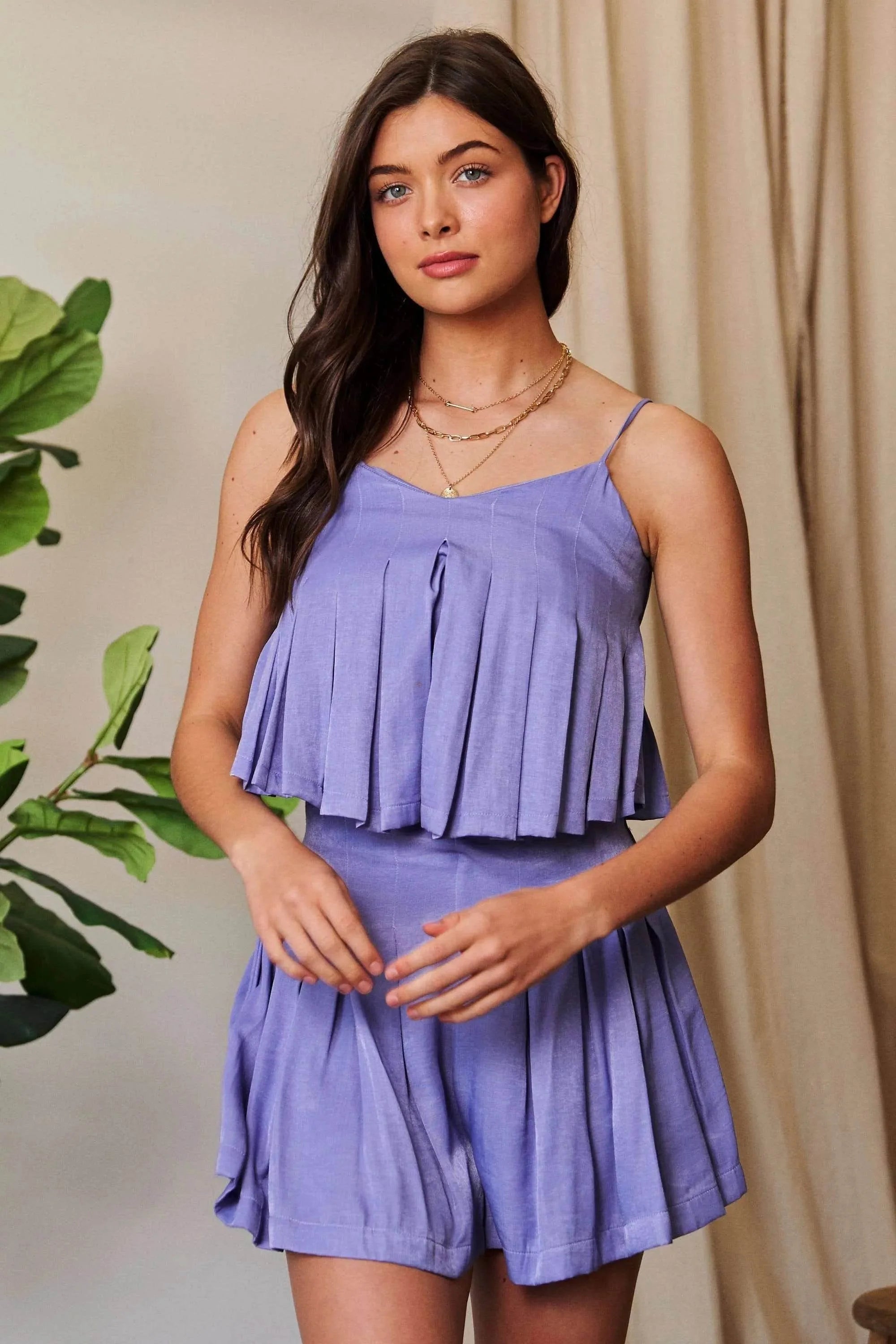 Davi & Dani Pleated Body Elastic Back Babydoll Strappy Top