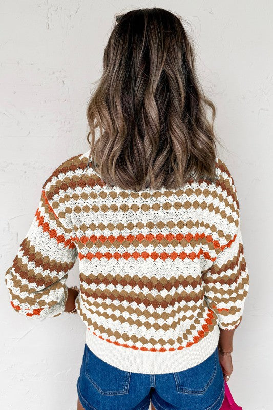 Stripe Eyelet Knit Drop Shoulder Sweater