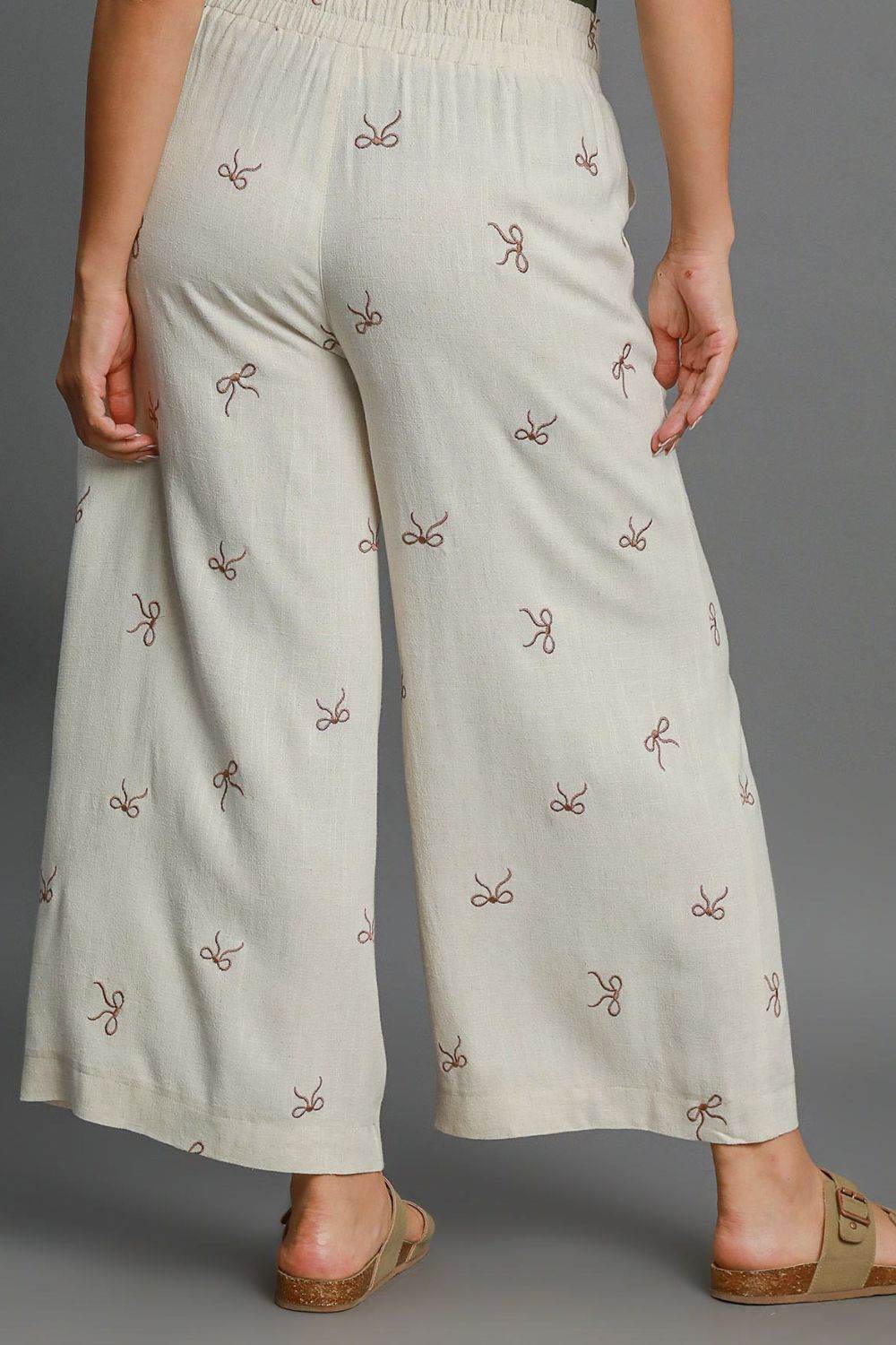 Umgee Full Size Lace Drawstring Embroidered Bow Wide Leg Pants Plus Size