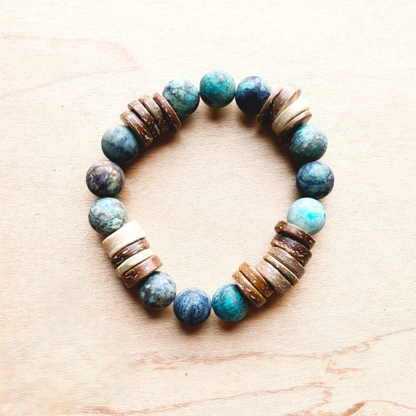 Frosted African Turquoise& Wood Stretch Bracelet