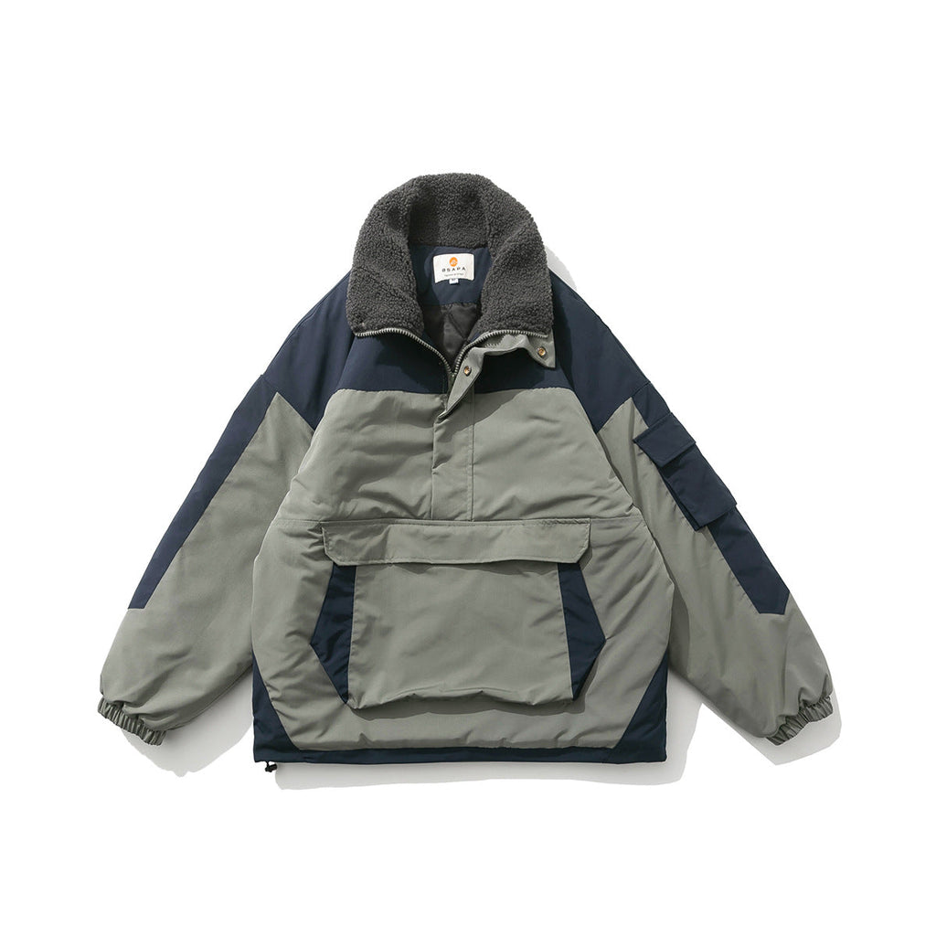 Color-blocking Pocket Pullover Cotton American Retro Men's Cotton Coat