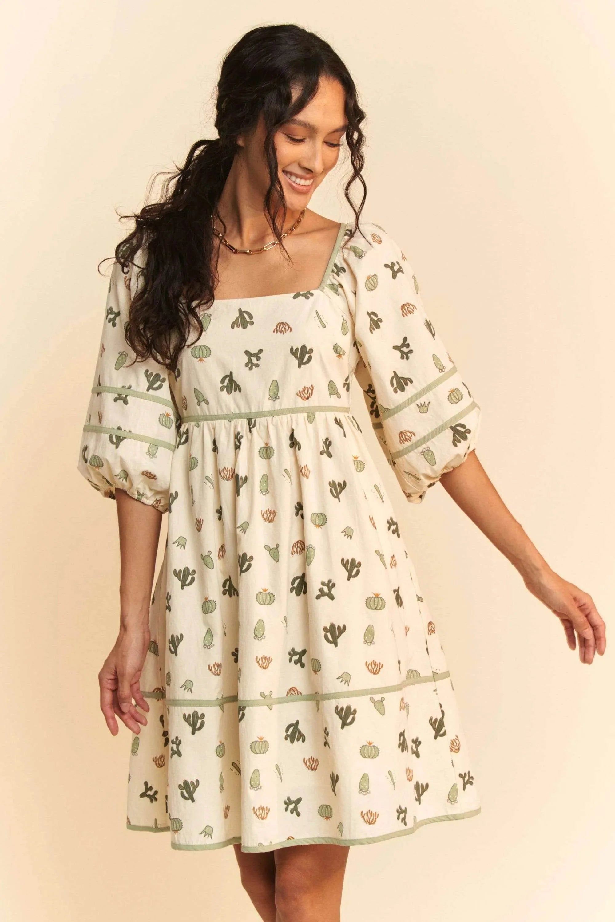 Davi & Dani Cactus Printed Poplin Contrast Piping Mini Dress