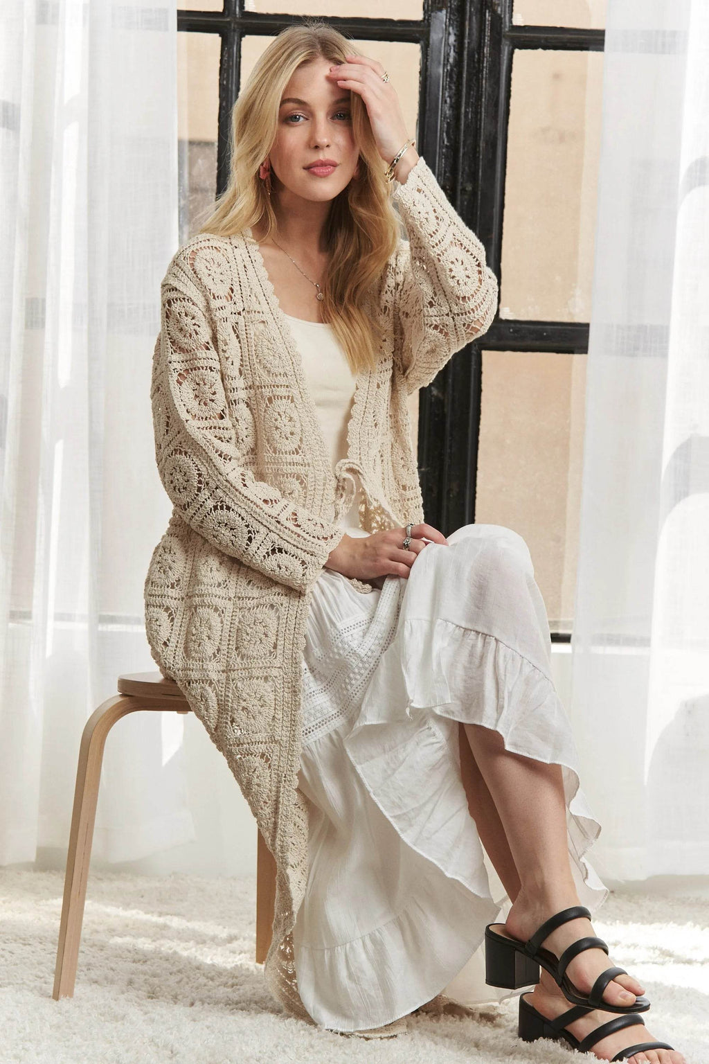 ADORA Long Sleeves Crochet Elastic Cardigan