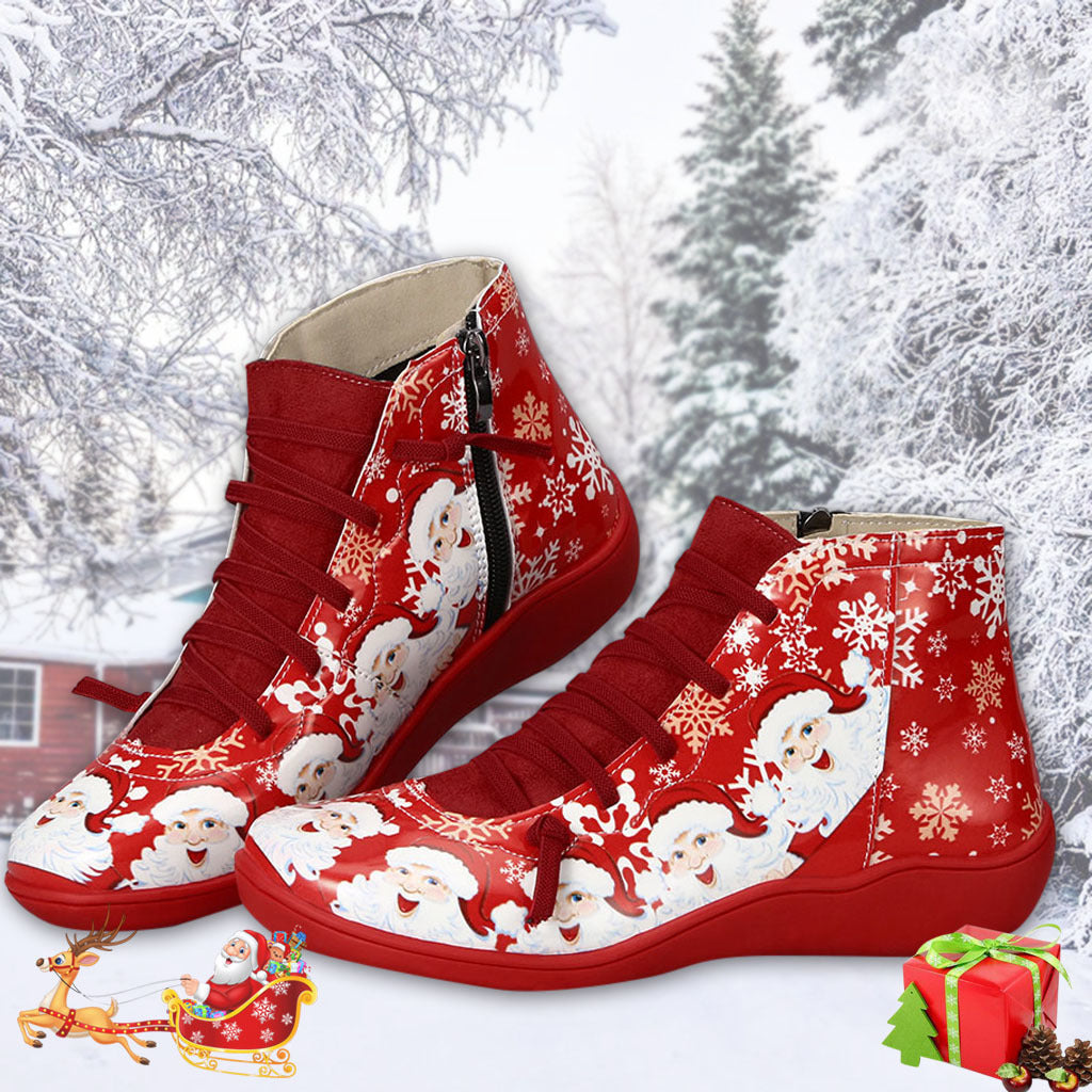 Ankle Boots Women Santa Claus Snowflake Print Flats Shoes Casual Slip-on Side Zipper Design Short Boot