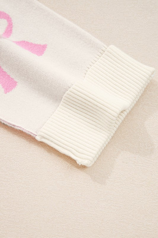 Bow Ribbed Trim Reverse Seam Drop Shoulder Sweater
