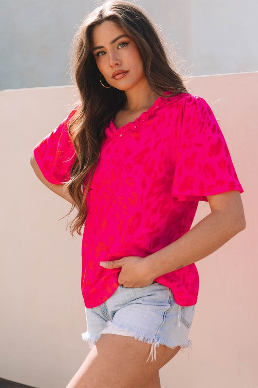 Laurel Leopard Frilly V Neck Short Sleeve Blouse