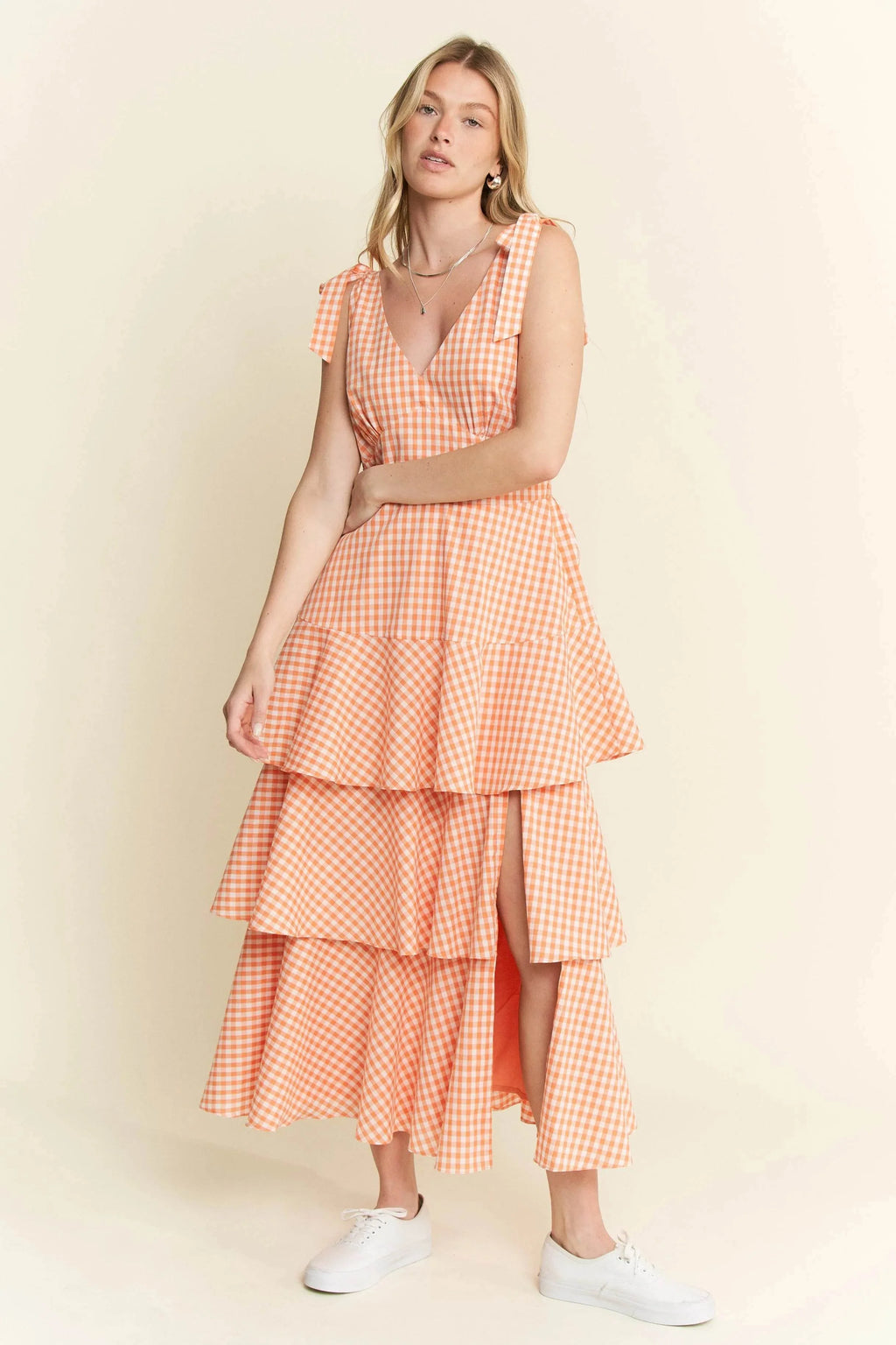 Jade By Jane Sleeveless Gingham Print Tiered Midi Dress