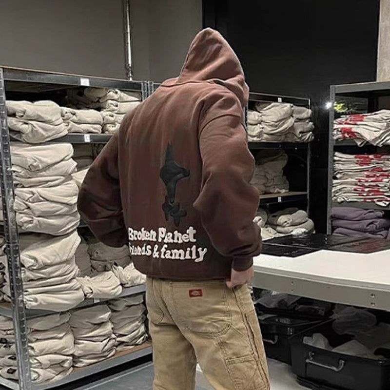 Men's Bat Print Velvet Hoodie - American Retro Pullover with Wool Lining (Dark Brown)