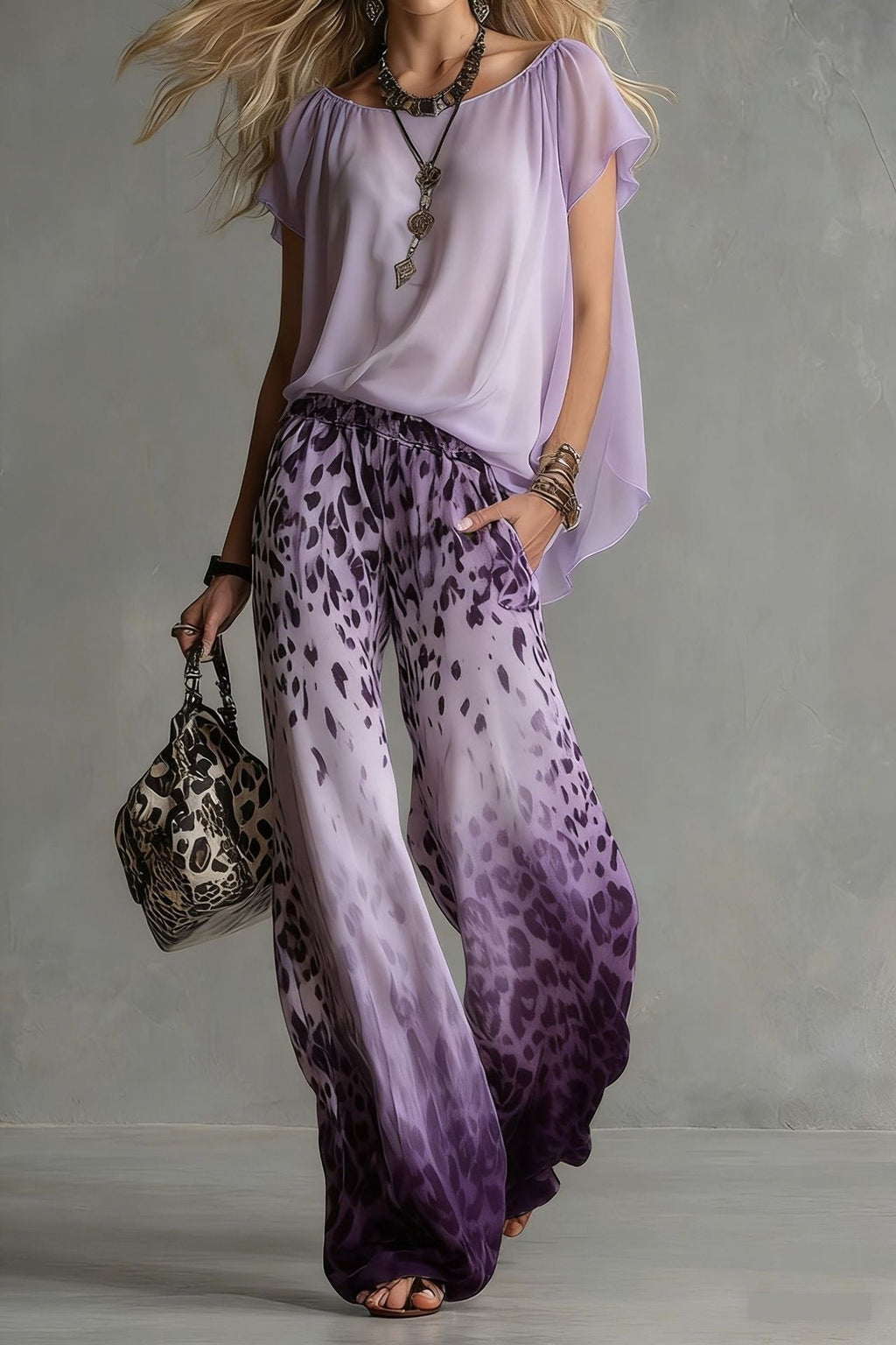 Chiffon Puff-Sleeve Top & Wide-Leg Pants Set – 15 Colors