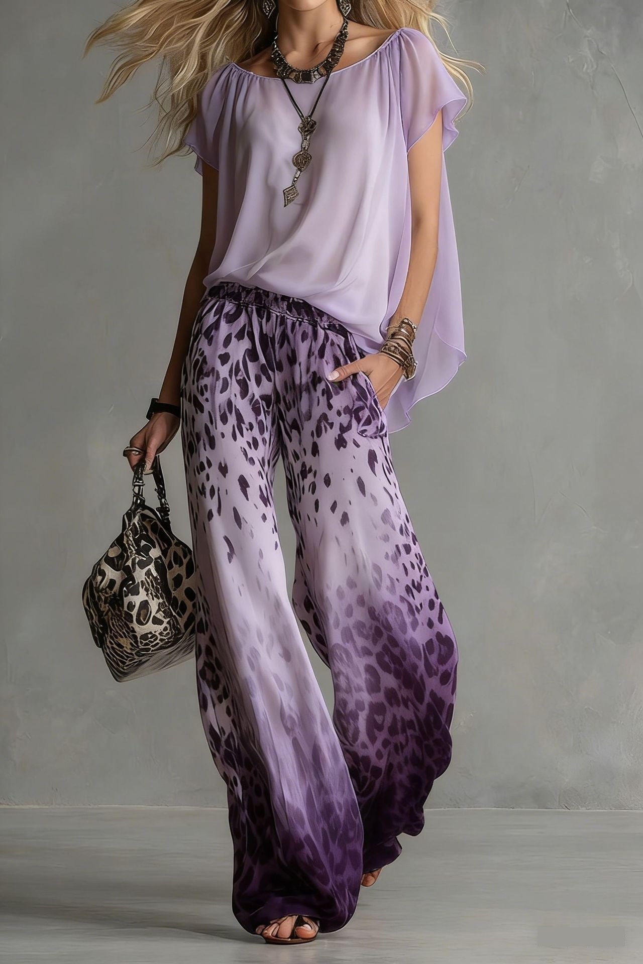 Chiffon Puff-Sleeve Top & Wide-Leg Pants Set – 15 Colors