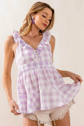 BiBi Ruffled Neckline Sleeveless Check Plaid Peplum Top