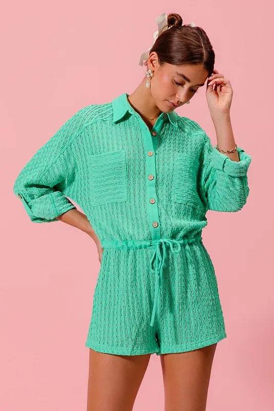 SO ME Textured Knit Button Front Romper