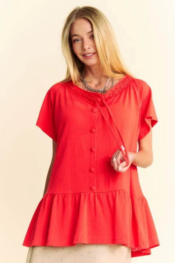 Davi & Dani Solid Lace Trim Neck Short Sleeve Peplum Top