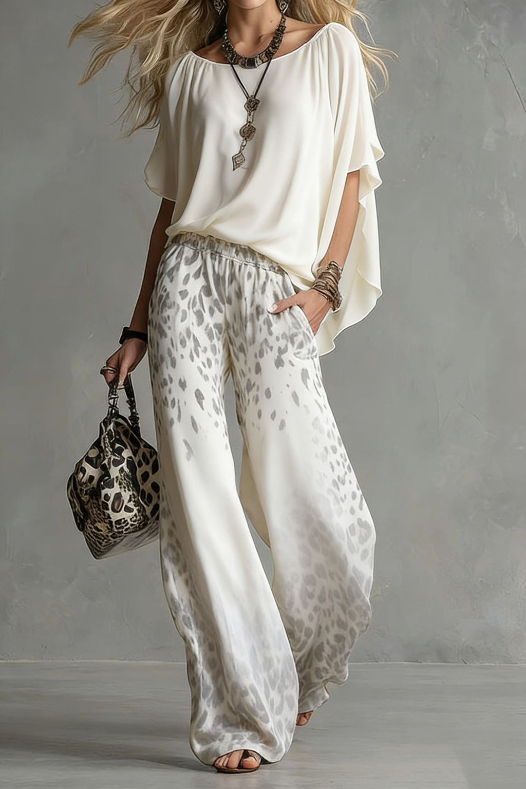 Chiffon Puff-Sleeve Top & Wide-Leg Pants Set – 15 Colors