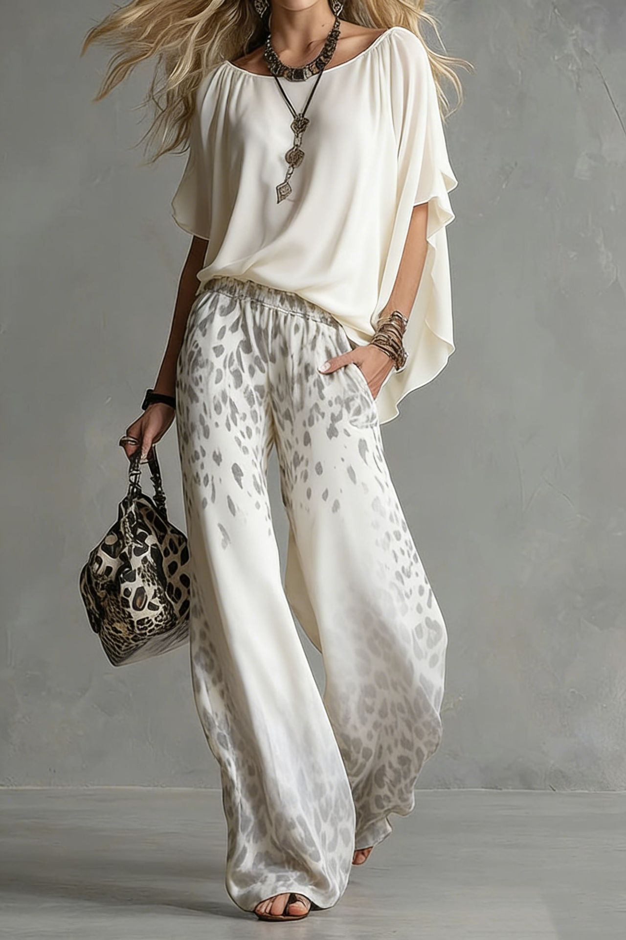 Chiffon Puff-Sleeve Top & Wide-Leg Pants Set – 15 Colors