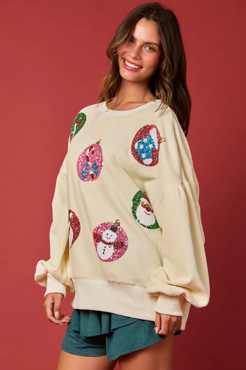 Women’s Christmas Egg Sequined Long-Sleeve Loose Sweatshirt Top