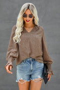 V Neck Dalmatian Print Bishop Sleeve Blouse
