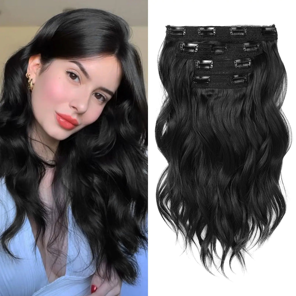 REECHO Hair Extensions 4PCS Clip in Hair Extensions 14" Short Beach Wavy Hair Extensions Invisible Lace Weft Natural Soft Hairpieces for Women – Black