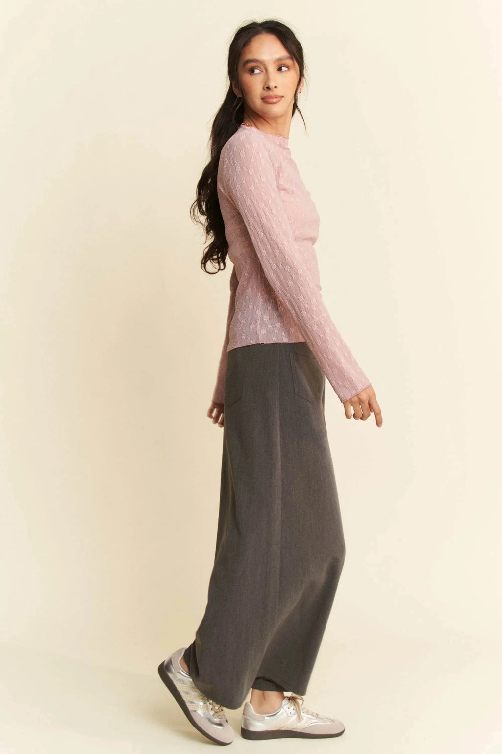 Davi & Dani Long Sleeve Sheer Small Embroidered Bows Lace Top