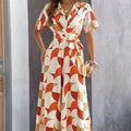 Women's Geometric Pattern Printed Lace Up Shirt Jumpsuit