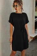 Solid Round Neck Tie Waist Belt Fit Dress