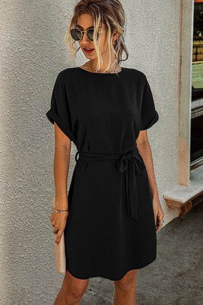 Solid Round Neck Tie Waist Belt Fit Dress