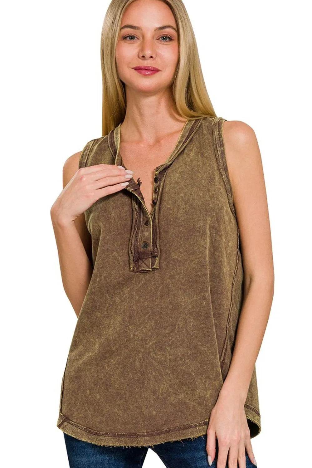 Zenana Washed Half-Button Raw Edge Sleeveless Henley Top