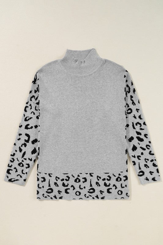 Leopard Mock Neck Side Slit Sweater